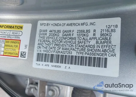 2019 Honda Accord Sport from USA, damaged, VIN 1HGCV1F32KA027253